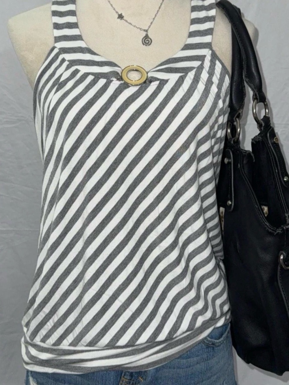 Spense Gray & White Striped Tank with Gold Ring Accent
